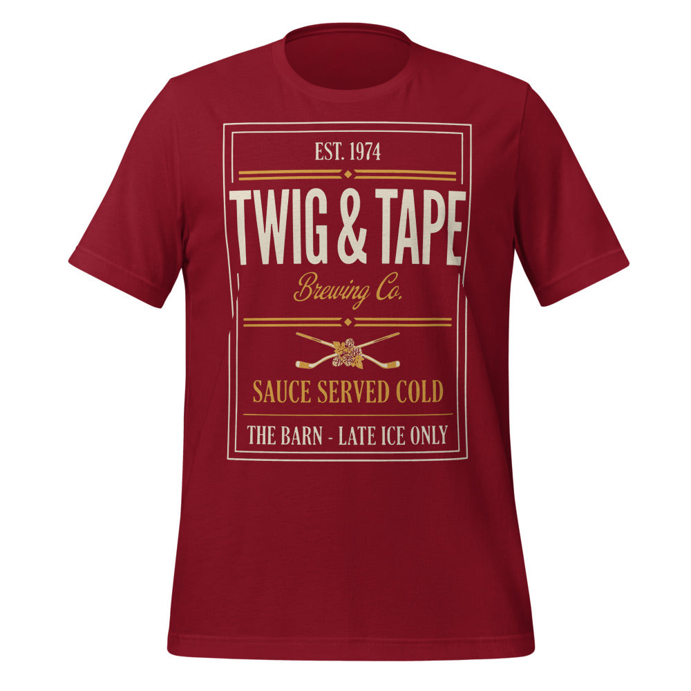 Twig and Tape Brewing Co. beer league hockey t-shirt — Cardinal, front