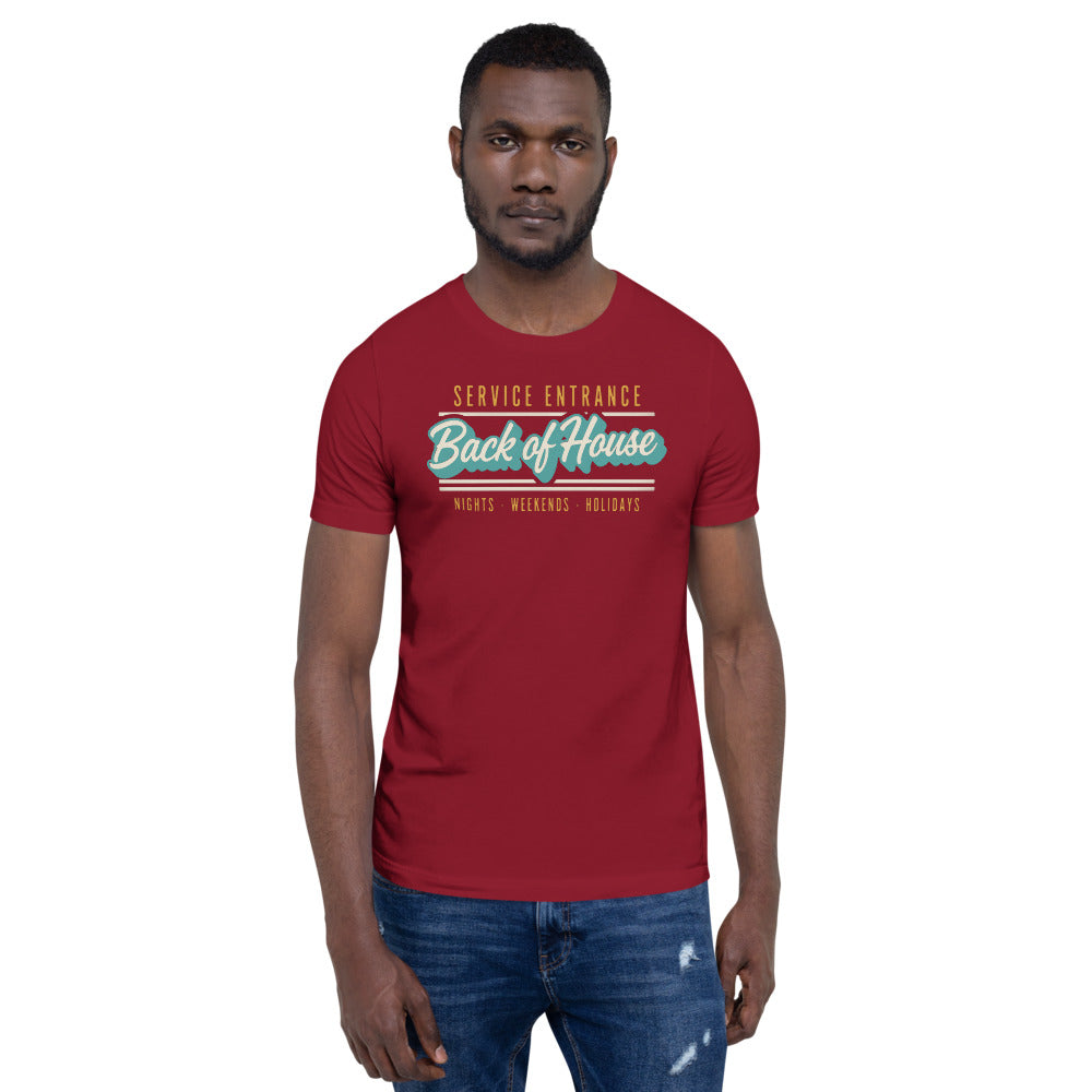 Line Cook Back of House retro diner service sign t-shirt — Cardinal, on model
