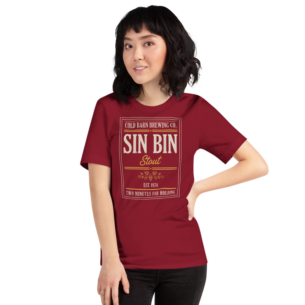 Beer League Sin Bin Stout brewery label t-shirt — Cardinal, on model