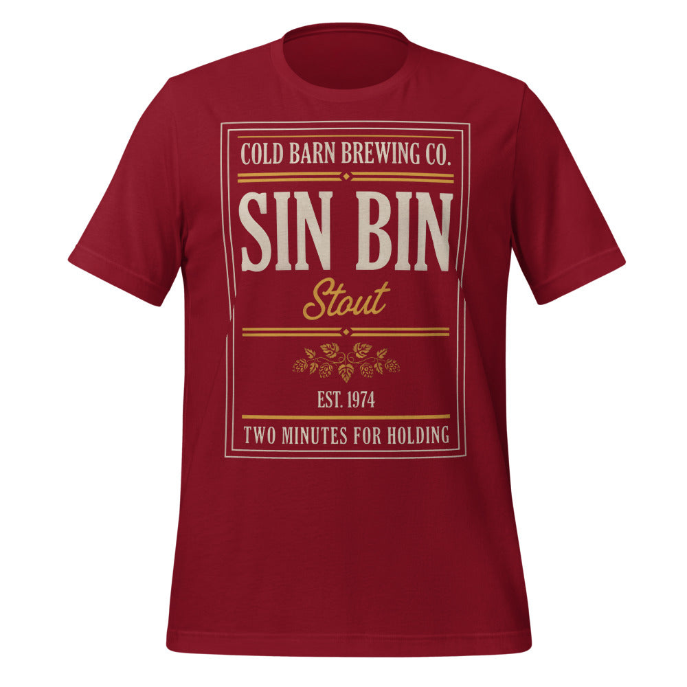 Beer League Sin Bin Stout brewery label t-shirt — Cardinal, front