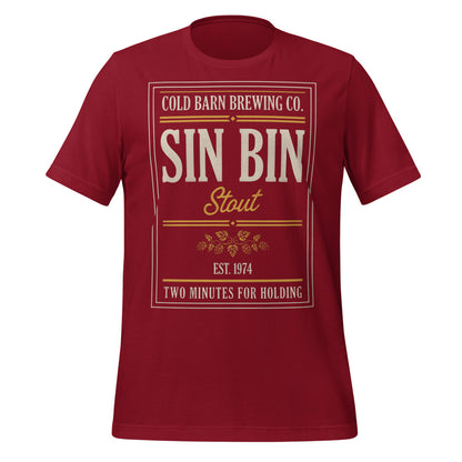Beer League Sin Bin Stout brewery label t-shirt — Cardinal, front