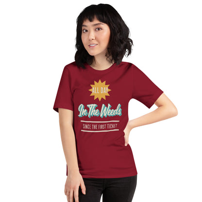 In The Weeds line cook retro diner service sign t-shirt — Cardinal, on model