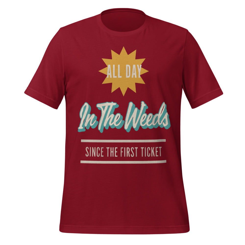 In The Weeds line cook retro diner service sign t-shirt — Cardinal, front