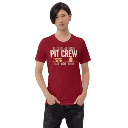 Pit Crew marching band booster t-shirt — Cardinal, on model