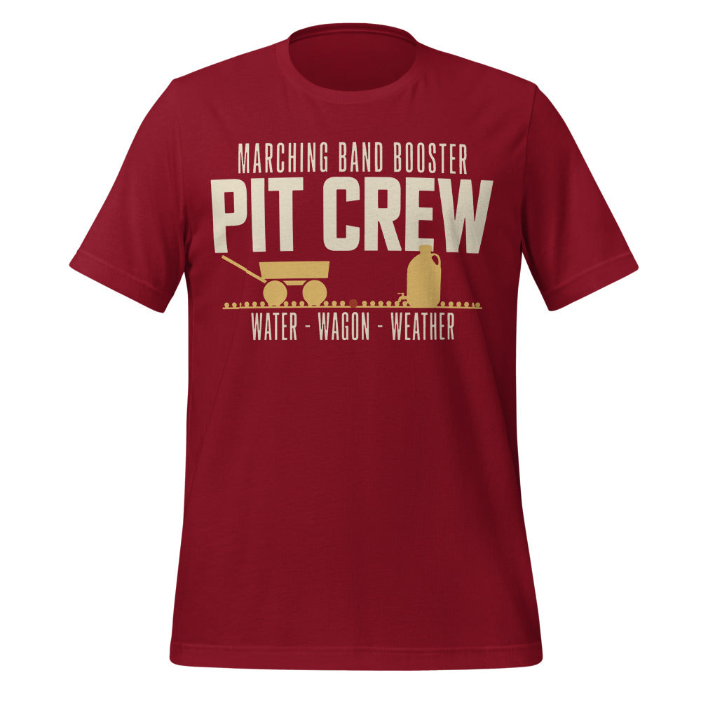 Pit Crew marching band booster t-shirt — Cardinal, front