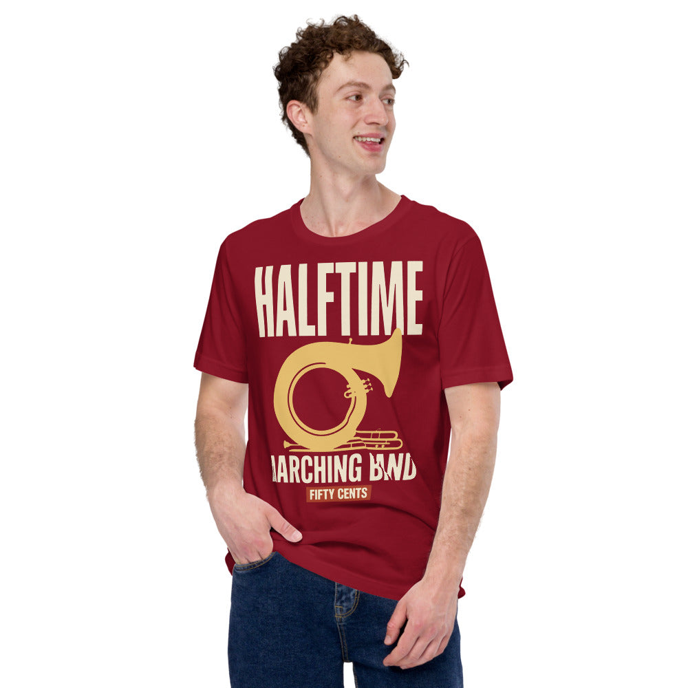 Official Halftime vintage marching band t-shirt — Cardinal, on model