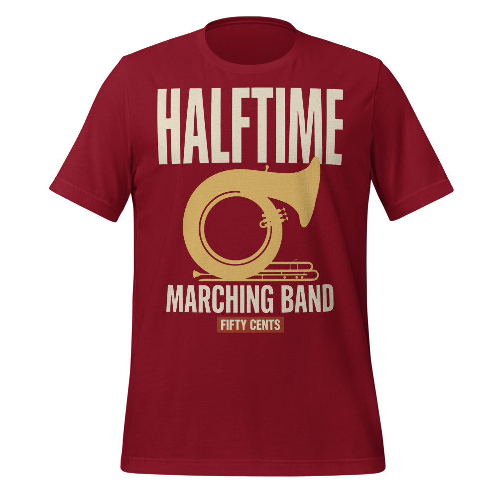 Official Halftime vintage marching band t-shirt — Cardinal, front