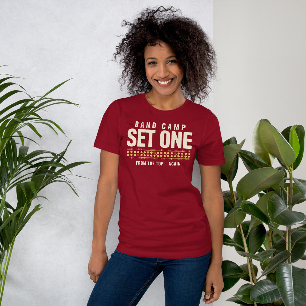 Set One marching band drill chart t-shirt — Cardinal, on model
