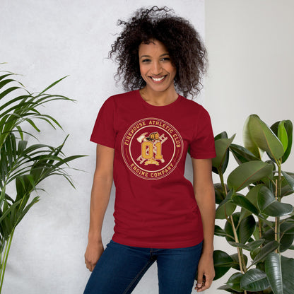 Firehouse Athletic Club retro firefighter emblem tee — Cardinal, on model