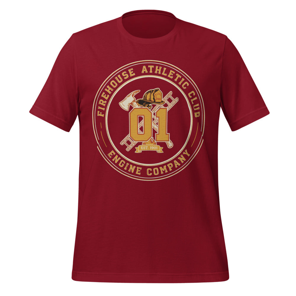 Firehouse Athletic Club retro firefighter emblem tee — Cardinal, front