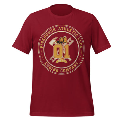 Firehouse Athletic Club retro firefighter emblem tee — Cardinal, front