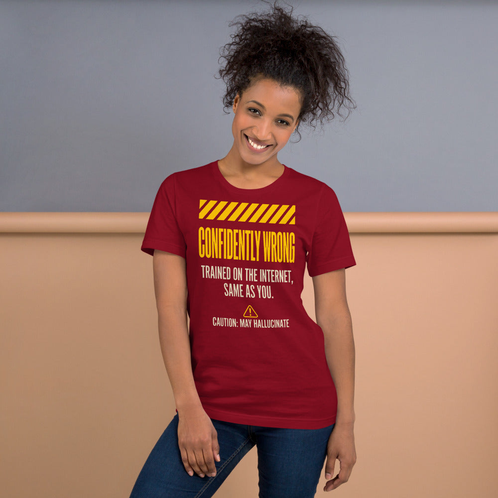 Confidently Wrong AI hazard-label unisex t-shirt — Cardinal, on model