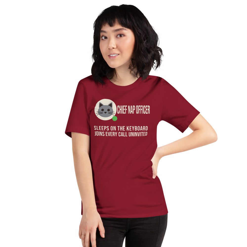 Chief Nap Officer cat profile card unisex t-shirt — Cardinal, on model