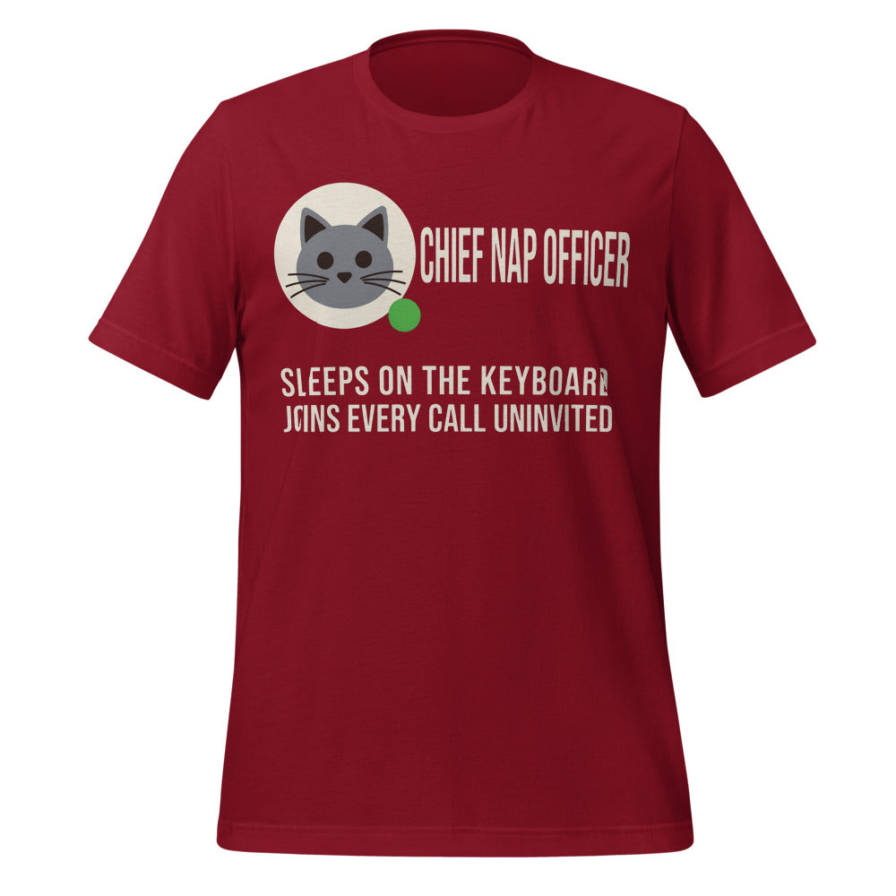 Chief Nap Officer cat profile card unisex t-shirt — Cardinal, front