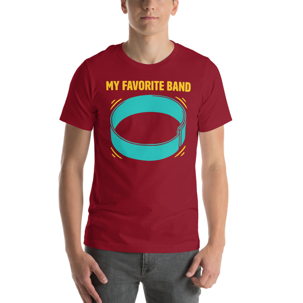 My Favorite Band funny physical therapy tee — Cardinal, on model