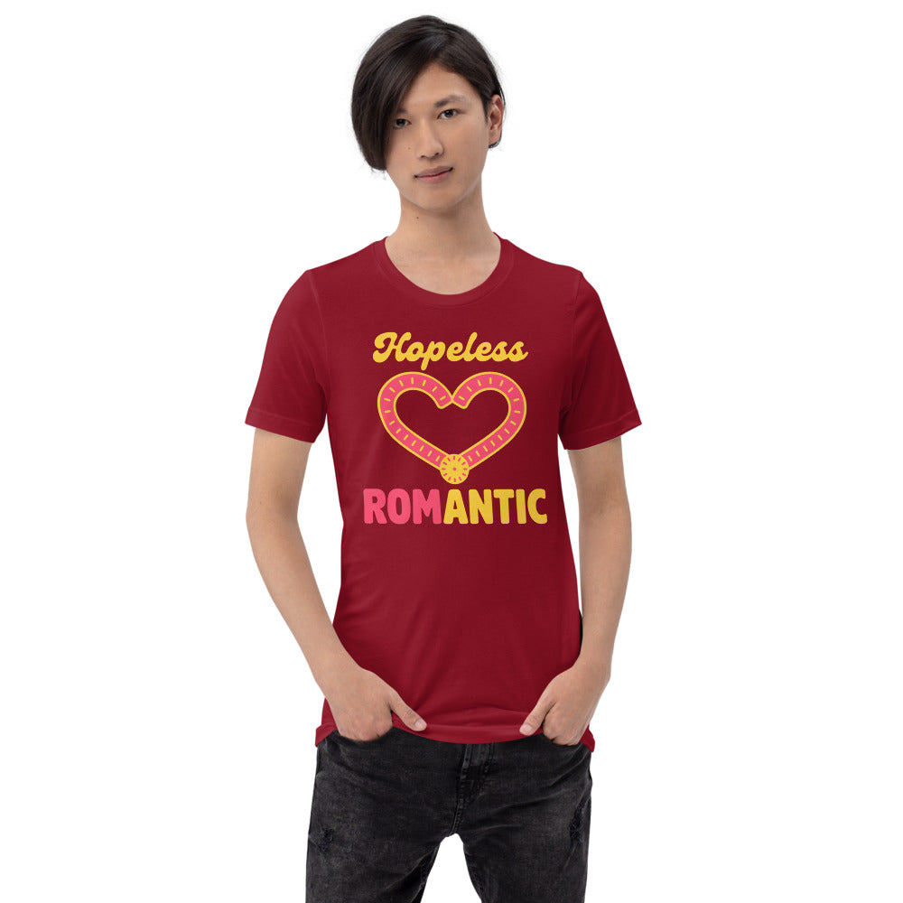 Hopeless ROMantic funny physical therapy tee — Cardinal, on model
