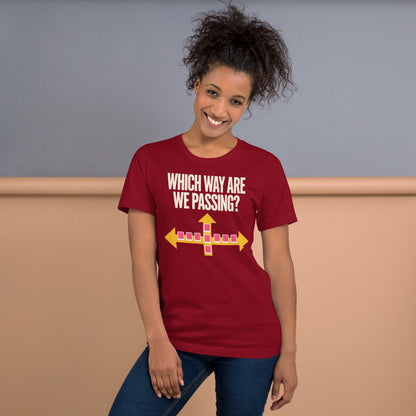Which Way Are We Passing funny mahjong tee — Cardinal, on model