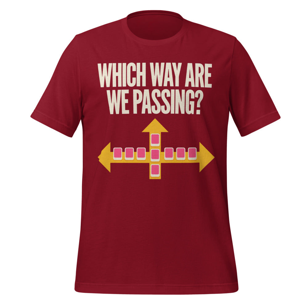 Which Way Are We Passing funny mahjong tee — Cardinal, front