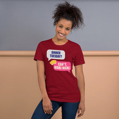 Mahj Night funny mahjong tee — Cardinal, on model