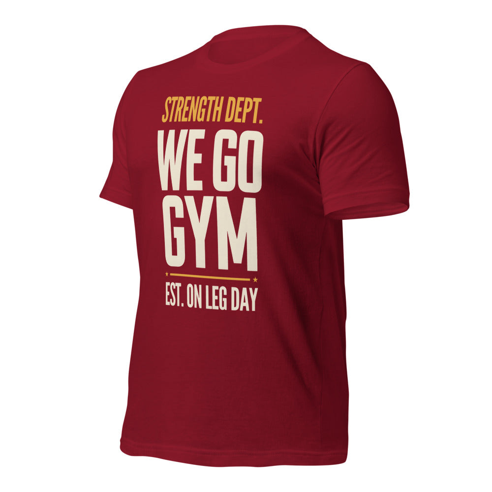 We Go Gym vintage athletic gym tee — Cardinal, front right
