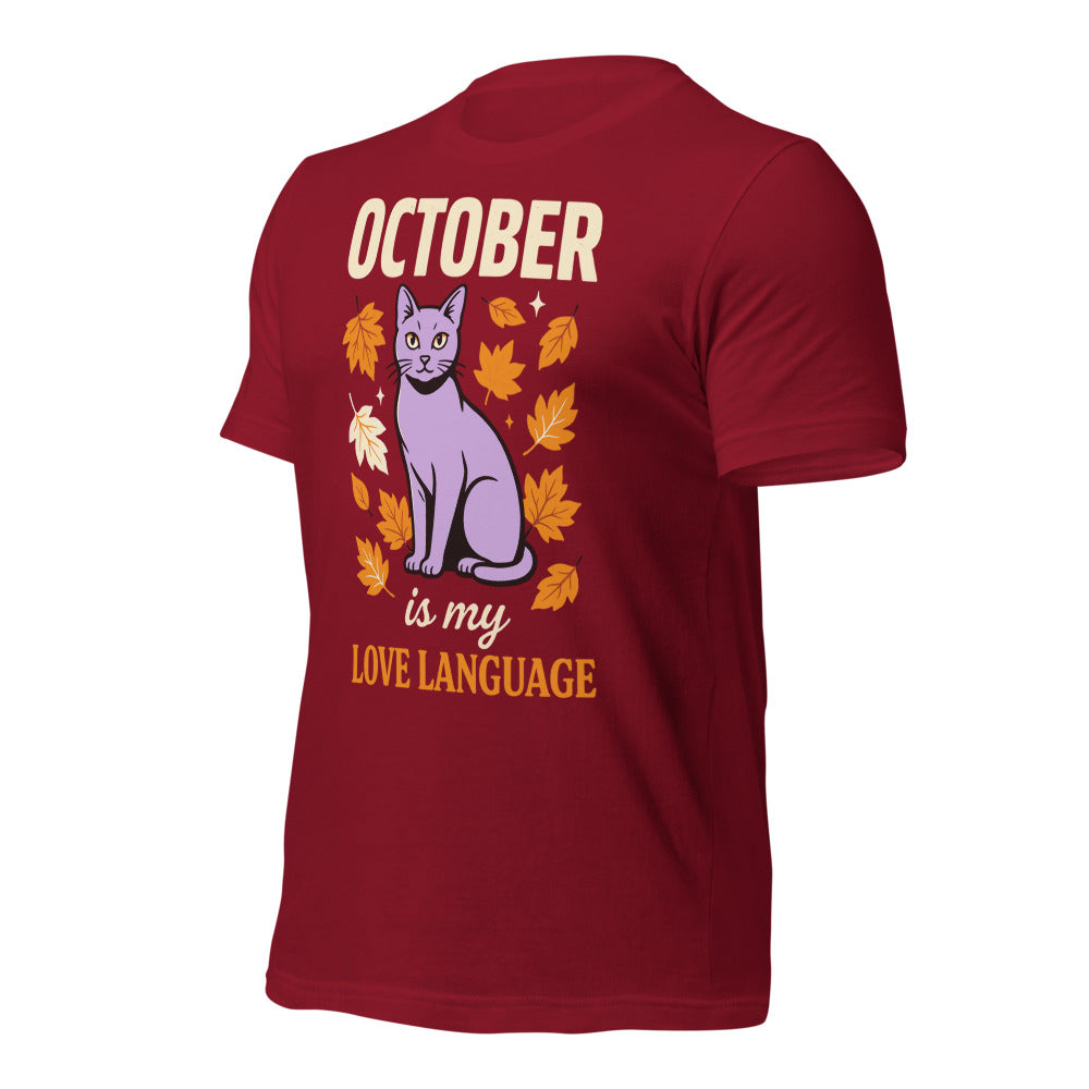 October Is My Love Language retro Halloween black cat tee — Cardinal, front right