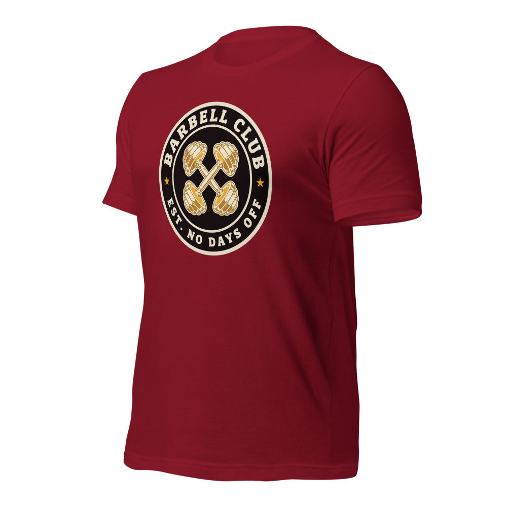 Barbell Club No Days Off vintage gym tee — Cardinal, front-right