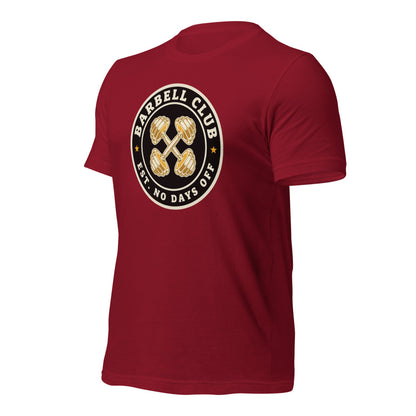 Barbell Club No Days Off vintage gym tee — Cardinal, front-right