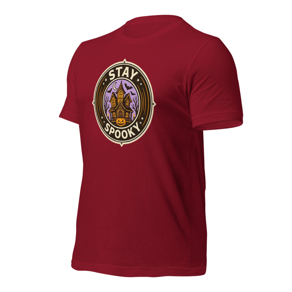 Stay Spooky retro Halloween vintage badge tee — Cardinal, front-right