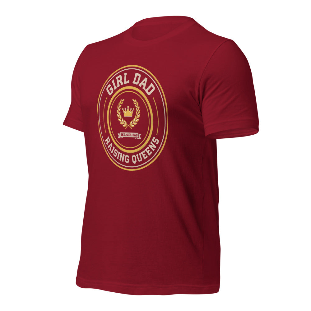 Girl Dad Raising Queens crest tee — Cardinal, front-right