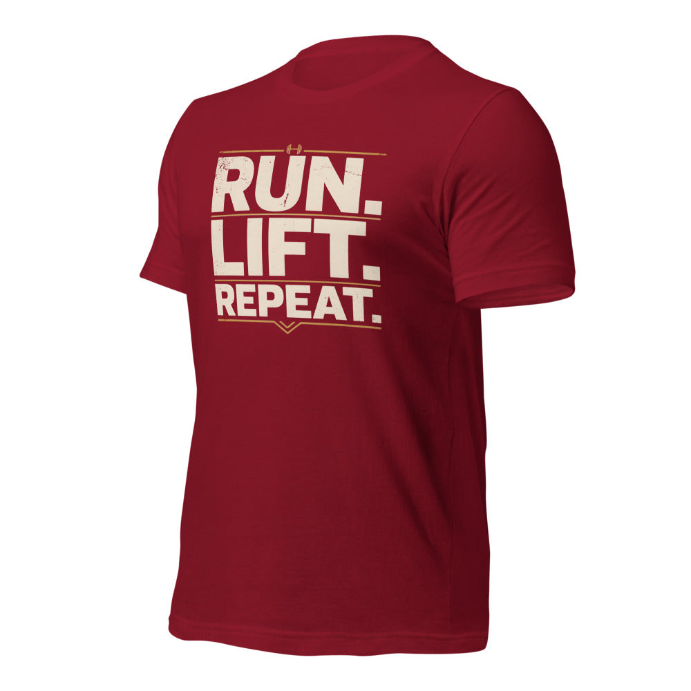 Run Lift Repeat vintage athletic tee — Cardinal, front-right