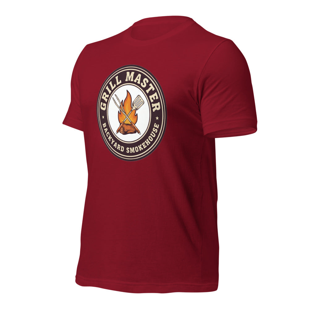 Grill Master retro backyard smokehouse tee — Cardinal, front-right