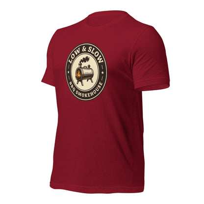 Low & Slow BBQ smoker tee — Cardinal, front-right