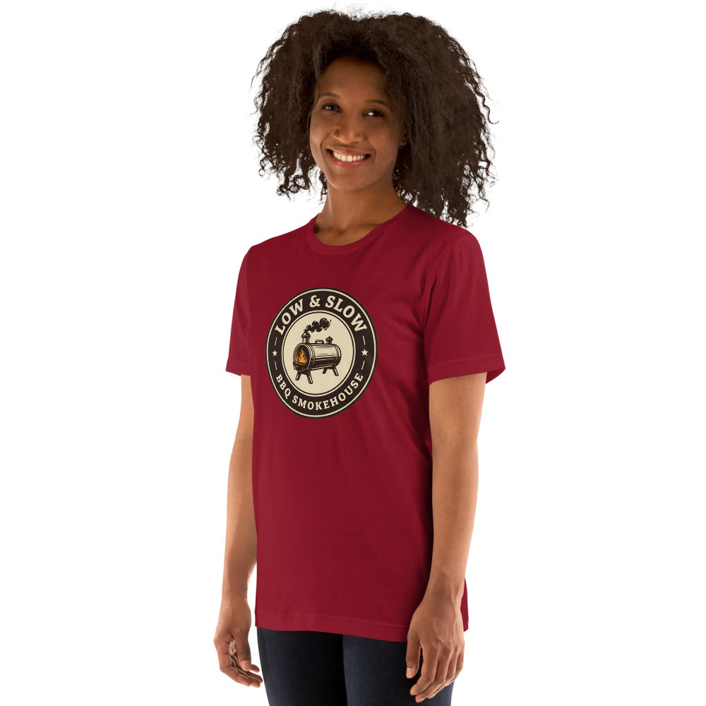 Low & Slow BBQ smoker tee — Cardinal, on model