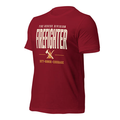 Firefighter collegiate wordmark retro fire-rescue tee — Cardinal, front-right