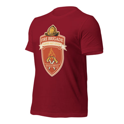 Fire Brigade Earned Not Given retro firefighter shield emblem tee — Cardinal, front-right