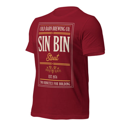 Beer League Sin Bin Stout brewery label t-shirt — Cardinal, front-right