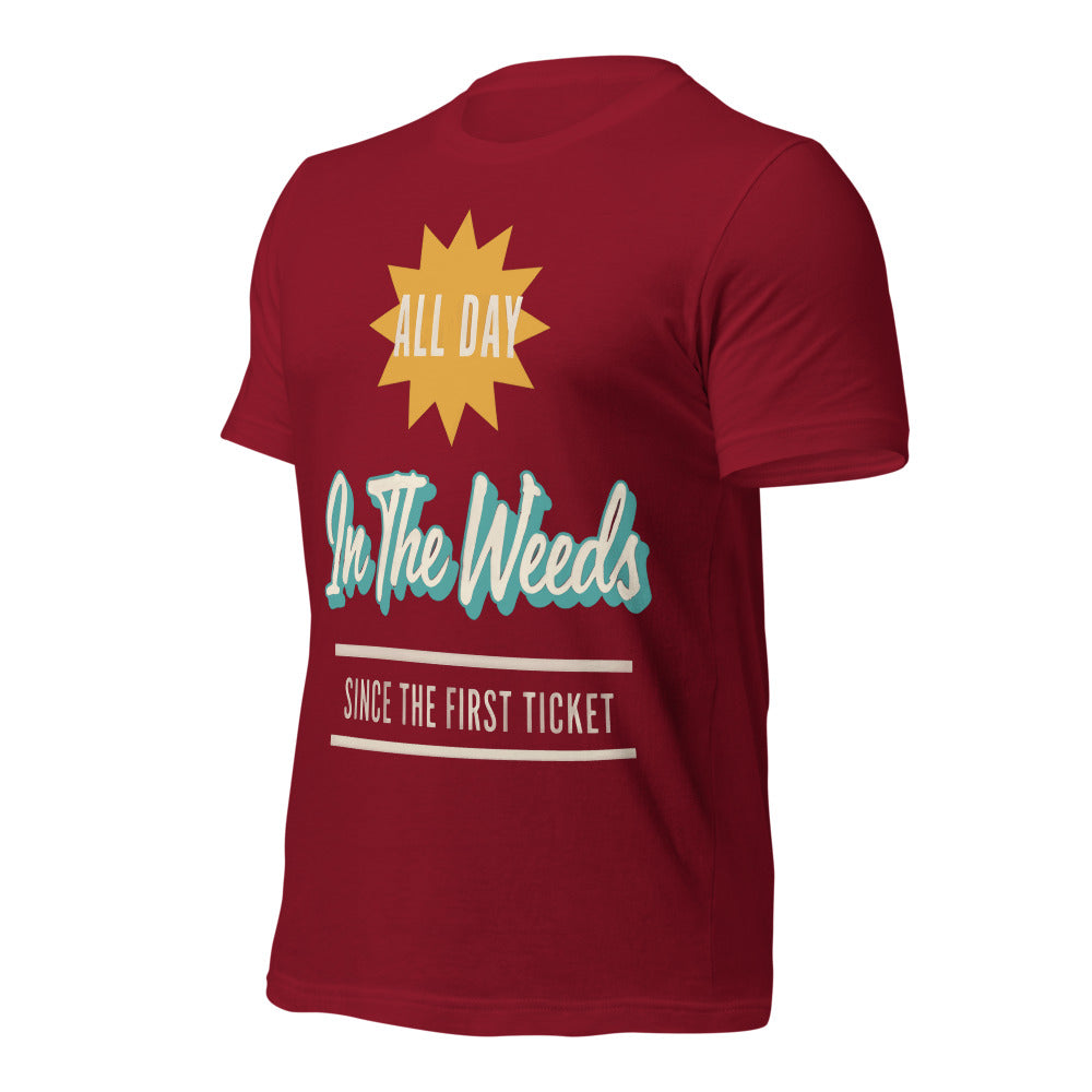 In The Weeds line cook retro diner service sign t-shirt — Cardinal, front-right