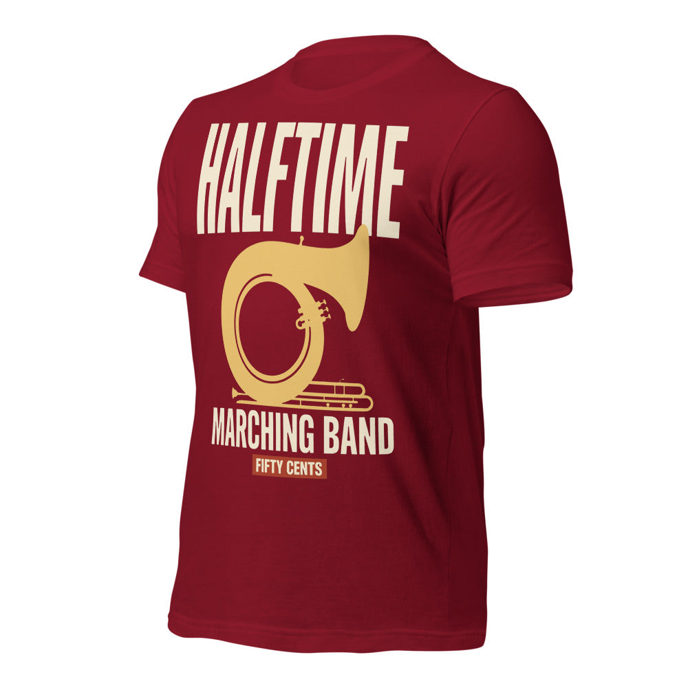 Official Halftime vintage marching band t-shirt — Cardinal, front-right