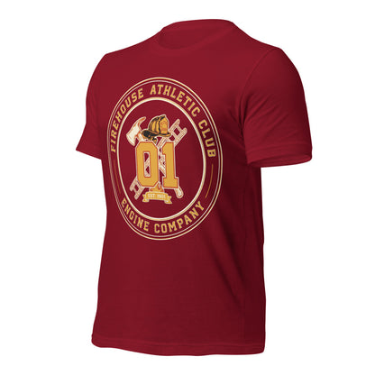 Firehouse Athletic Club retro firefighter emblem tee — Cardinal, front-right