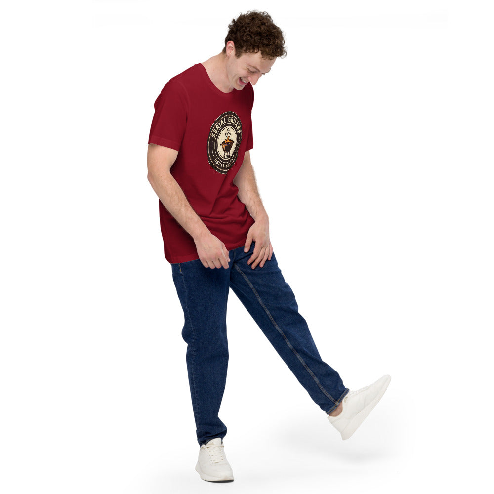 Serial Griller funny BBQ tee — Cardinal, on model