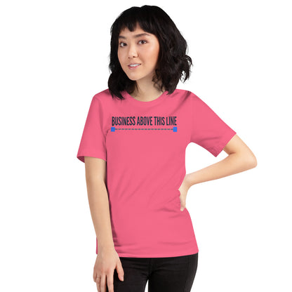 Business Above This Line unisex t-shirt — Charity Pink, on model