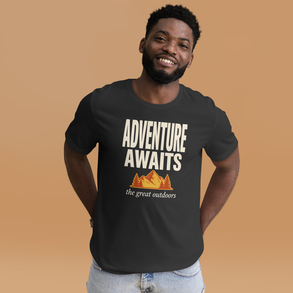 Adventure Awaits retro outdoors typography tee — Dark Grey, on model