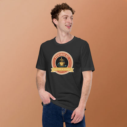 Powered by Coffee & Chaos retro nurse badge tee — Dark Grey, on model