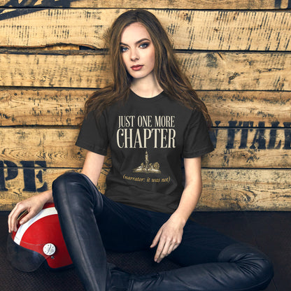 Just One More Chapter book lover dark academia tee — Dark Grey, on model