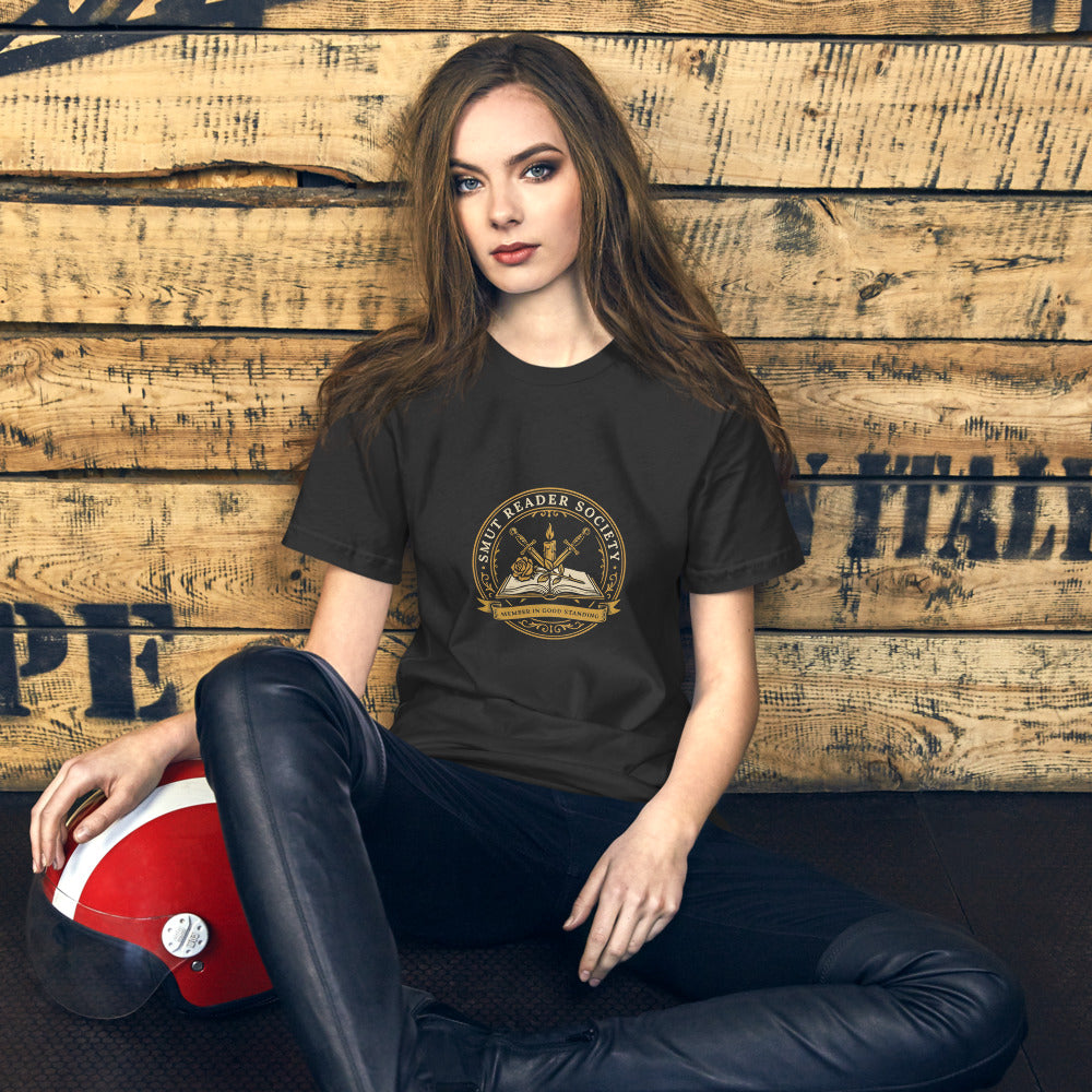 Smut Reader Society book lover dark academia tee — Dark Grey, on model