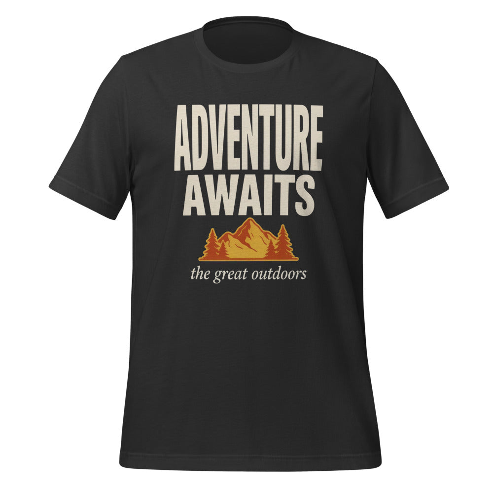 Adventure Awaits retro outdoors typography tee — Dark Grey, front
