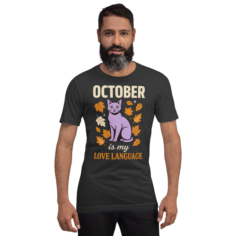 October Is My Love Language retro Halloween black cat tee — Dark Grey, on model