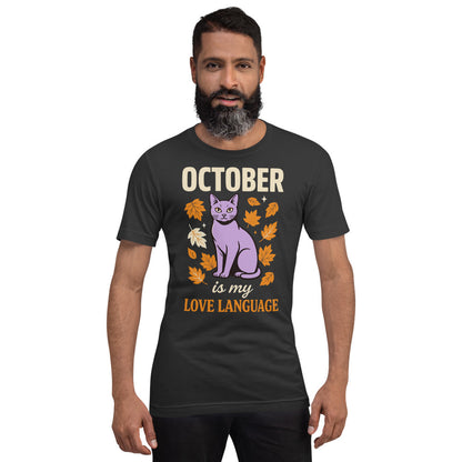 October Is My Love Language retro Halloween black cat tee — Dark Grey, on model