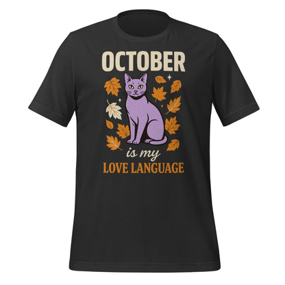 October Is My Love Language retro Halloween black cat tee — Dark Grey, front