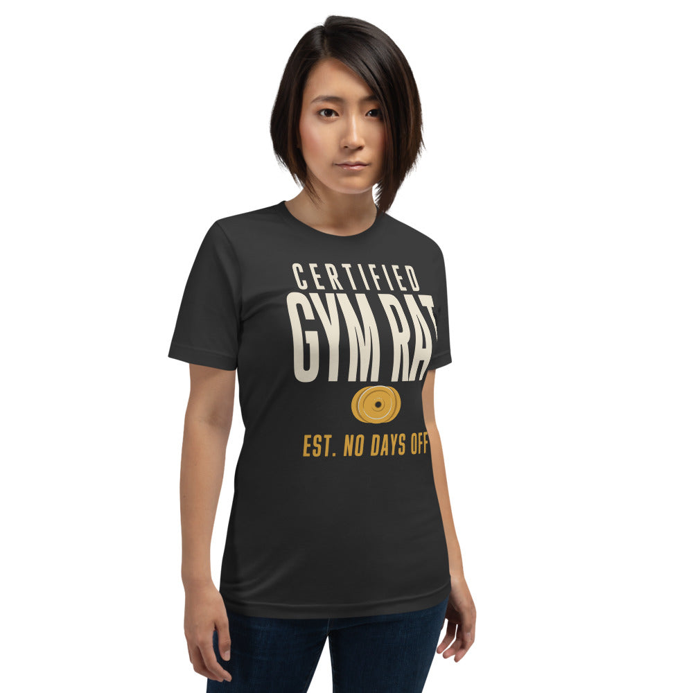 Certified Gym Rat vintage athletic tee — Dark Grey, on model